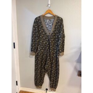 Natural Life Jumpsuit Women Large Floral Cotton V-Neck Long Sleeve Loungewear